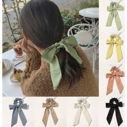 1Pc Solid Color Bow Satin Ribbon Ponytail Scarf Hair Tie Scrunchies Women Girls Elastic Hair Bands Rubber Bands Hair Accessories