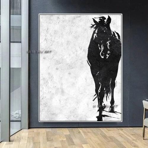 Hand Painted Abstract Oil Painting Minimalist Black White Horse Picture On Canvas Wall Art For Living Room Home Decor No Frame