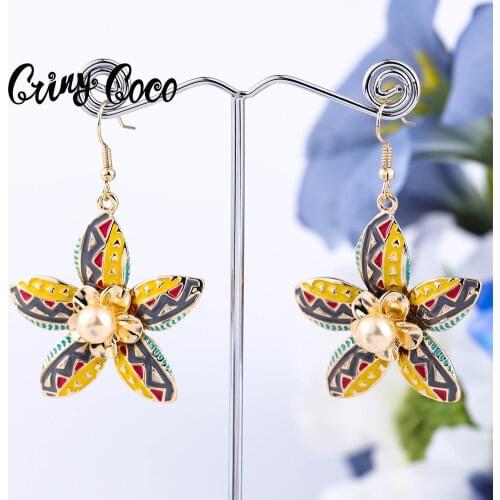 Cring Coco Hawaiian Flower Earings Fashion Jewelry 2021 Trend Color Enamel Big Drop Earrings Woman Pearl Earings for Women Party