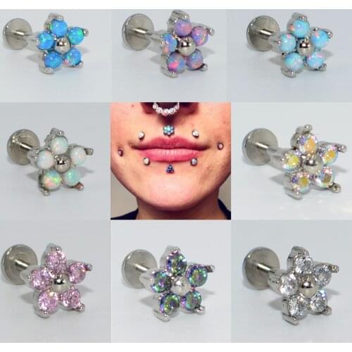Drealee 1PC Opal Cubic Zircon Flower Flower Internally Threaded Steel & G23 Bar Ear Tragus Cartilage Helix Earring Stud Piercing