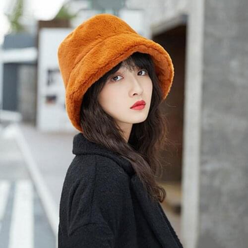 Faux Fur Winter Bucket Hat For Women Girl Fashion Solid Thickened Soft Warm Fishing Cap Outdoor Vacation Hat Cap Lady Panama