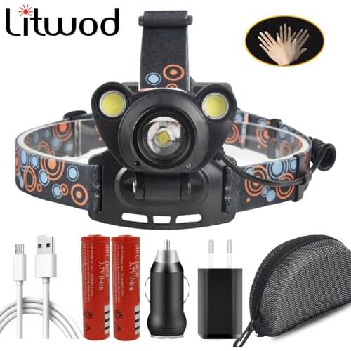 Led headlight Sensor Zoom Headlamp XM-L T6 Head Flashlight Lamp Led Usb Rechargeable 2x 18650 Battery 2* COB Light for Fishing