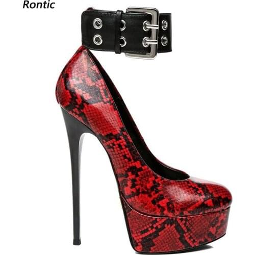 Rontic Handmade Women Platform Pumps Ankle Wrap Snake Sexy Stiletto Heels Round Toe Gorgeous Red Party Shoes Women US Size 5-20