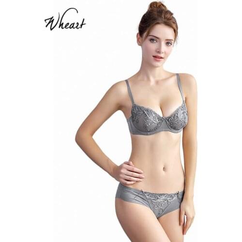 Wasteheart New Women Fashion Gray Sexy Lingerie Sets Underwire Lace Bow Cotton Panties Padded Push Up Bra Sets Plus Size