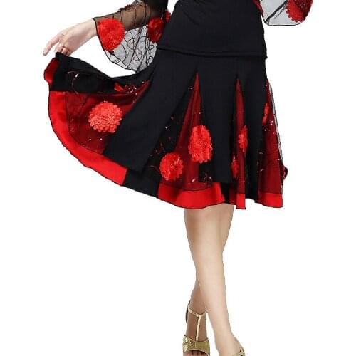 Women Sequins Embroidery Ballroom Dance Skirt Flower Waltz Dance Skirt Modern Show Square Performance Dance Wear