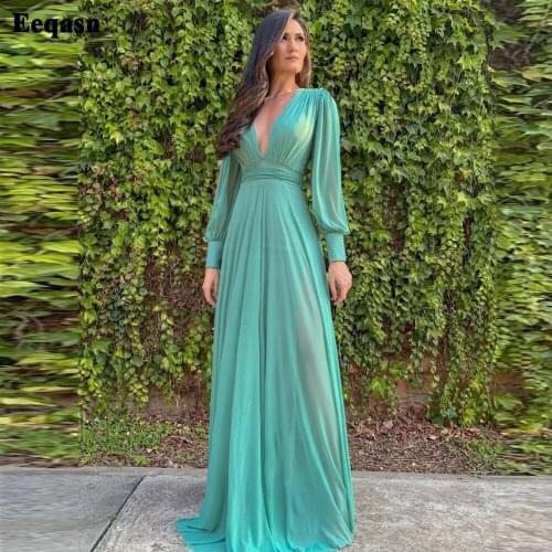 Eeqasn Green Deep V-Neck Chiffon Prom Dresses Long Removable Sleeves Evening Party Gowns Plus Size Women Occasion Dress Outfit