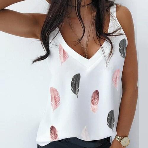 Fashion Feather Print Women Tops and Blouses 2021 Spring Deep V Neck Hollow Out Top Pullover Summer Sleeveless Straps Vest Shirt