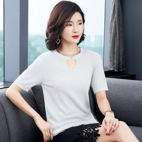Ice Silk Short Sleeve T-shirt Women Summer Loose Slim Bottoming Top Female Korean Round Collar Solid Collar Thin T-shirts H9336