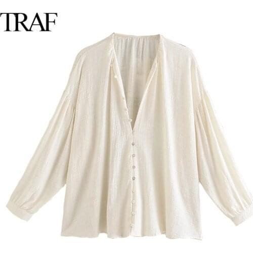 TRAF Women 2021 Summer Womens Flax Blouses Color Single-Breasted Casual Long-Sleeved V-Neck Shirt Top Fashion Elegant Shirt