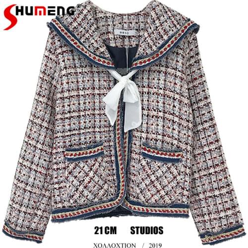 Elegant Women Navy Lapel Shawl Ruffled Tied Tweed Plaid Coat 2021 Autumn and Winter Concealed Button Wool Cotton Jackets Ladies
