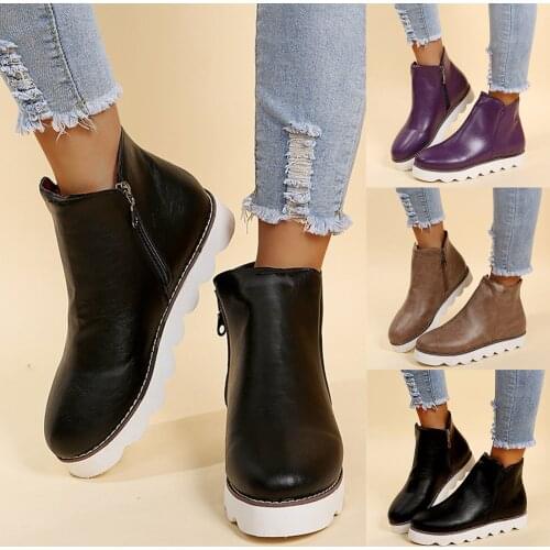 Women Platform Non-slip Solid Color PU Leather Boots Flat Zipper Round Toe Short Booties Autumn Winter Casual Shoes Boots Botas
