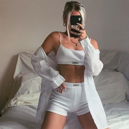 Solid Color Ribbed String Sling Top And MiNi Shorts Two-Piece Embroidery Women Suit Party 2021 Summer Streetwear Tracksuit