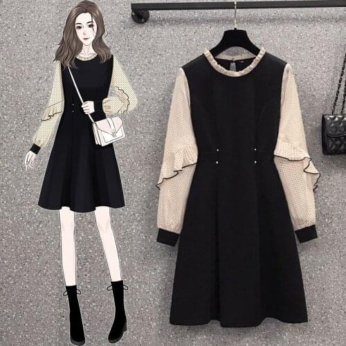 2021 Spring Women Dress Black Polka Dot Chiffon Patchwork Midi Long Dress O-Neck A line Office Lady Korean Slim Waist New XXXXL