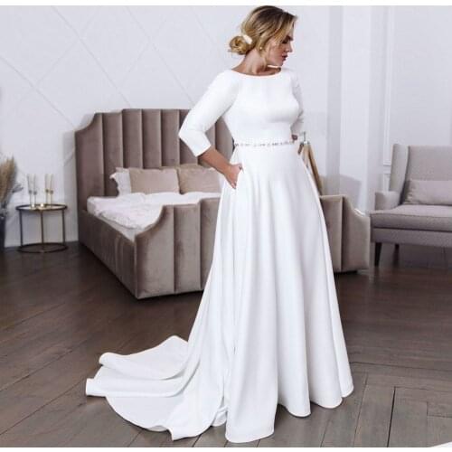 Plus Size Wedding Dress 2021 Simple 3/4 Sleeves Scoop Neck Bridal Gown with Pockets A Line Beading Belt Vestido De Noiva