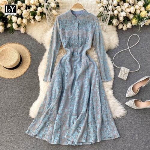 LY VAREY LIN 2021 New Spring Autumn Women O-neck Vintage Single Breasted Midi Dress Office Ladies Lace Patchwork Fairy Dress