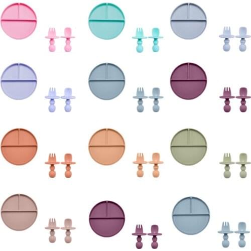 3 PCS Fashion Solid Silicon Plate Set For Baby Kids Training Feeding Dinnerware Baby Learning Plate Set With Fork Spoon BPA Free