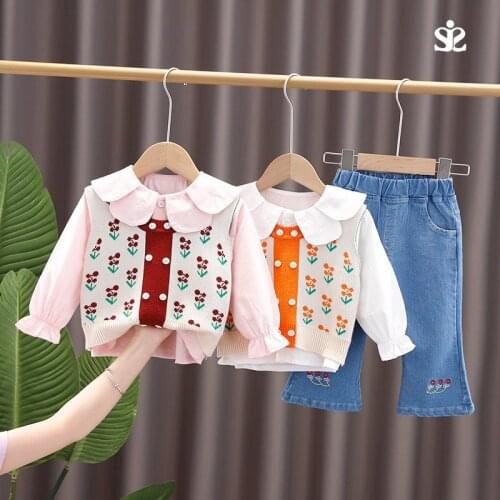 Children Fashion Baby Girls Causal Sweater Plaid Vest Shirt Pants Jeans 3Pcs/Set Kids Infant Princess Clothing Toddler Tracksuit