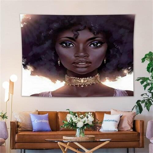 African American Black Girl Tapestry Hippie Black Woman Make-up Print with Yellow Sunflowers Tapestry Wall Hanging for Bedroom