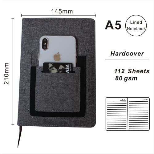 A5 Hardcover Line Notebook With Cellphone Pocket Custom Logo PU Leather Diary Personal Planner With Cellphone Bag OEM Welcome