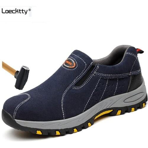 Loecktty Mens Breathable Outdoor Cow Suede Leather Steel Toe Work Boots Men Anti-slip Puncture Proof Safety Shoes Plus Size 46