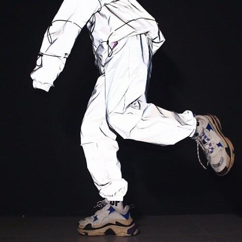 Loose jogger reflective pants glowing streetwear glossy sweatpant Men casual gray solid trousers hip hop dance cargo pants