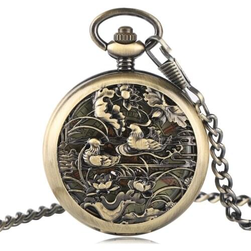 Antique Hollow Mandarin Duck Pocket Watch Unisex Skeleton Automatic Mechanical Clock Roman Number Dial FOB Pendant Chain Reloj