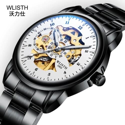 Fashion Wlisth Top Band High Quality Tourbillon Men Black Steel Luxury Business Waterproof Business Automatic Mechanical Watch