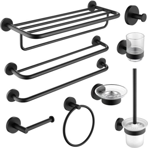 Black Matte Stainless Steel Bathroom Hardware Towel Rail Rack Roll Paper Holder Toilet Brush Holder Bathroom Accessories