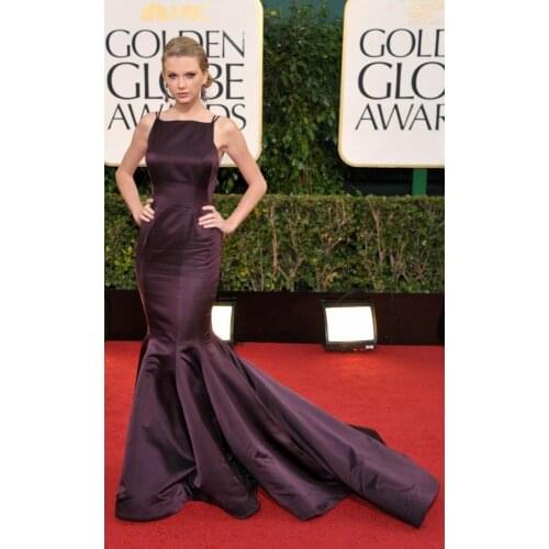 Long Mermaid Halter Satin Celebrity Dresses Sweep Train Robe De Soiree Floor Length Sleeveless Grape Formal Dresses