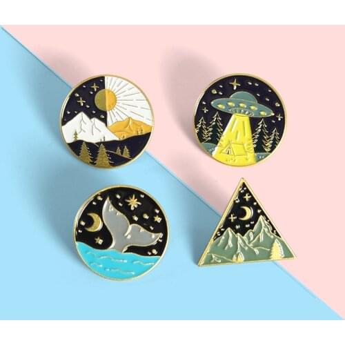 Whale UFO sun Night scenery Enamel Lapel Pins Lnteresting Combination Badges Brooches Cute Gifts womans Accessories Wholesale