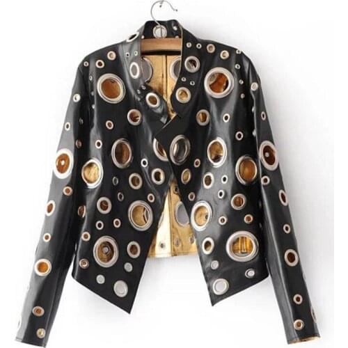 European and American Fashion Stand Collar pu Jacket Coat Loose Bright openwork Metal Ring Decoration pu Jackets Coats Black XL