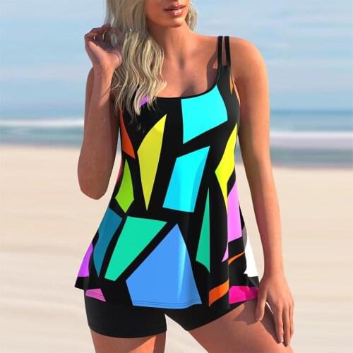 Two Piece Bikini Swimsuit Geometric Print Double Straps Tankini Set