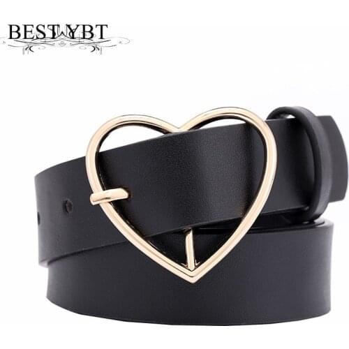 Best YBT Women Belt Fashion PU Leather Metal Heart Shaped Pin Buckle Belt Party Dress Decor Waistband Women Belt Size 110 cm