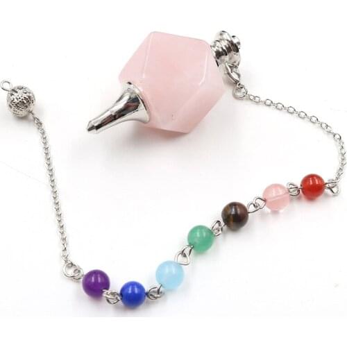 Silver Plated Magic Cube Rose Pink Quartz Pendulum Pendant with Stone Beads Chain Healing Chakra Inspiration Jewelry