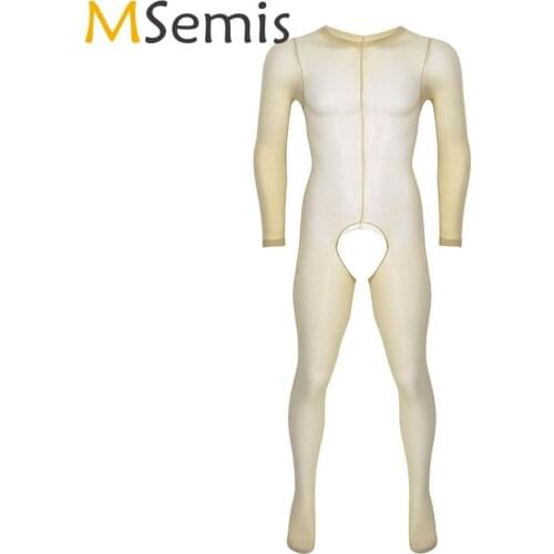 Mens Gay Fetish See Through Tights Bodystocking Long Sleeve Open Crotch Footed Pantyhose Sexy Sissy Full Body Stocking Nightwear