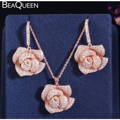 BeaQueen Romantic Rose Gold Color Big Flower Drop Earring Pendant Necklace Set Cubic Zirconia Crystal Wedding Jewelry JS113