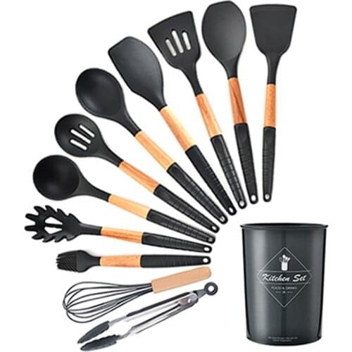 9/10/11/12pcs Cooking Tools Set Silicone+Wooden Handle Kitchen Cooking Utensils Set with Storage Box Turner Spatula Soup Spoon