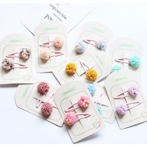 2pc/set Cute Lace Pom Pom Snap Hair Clip Set Pink Ball Pompom Hairpin HC089