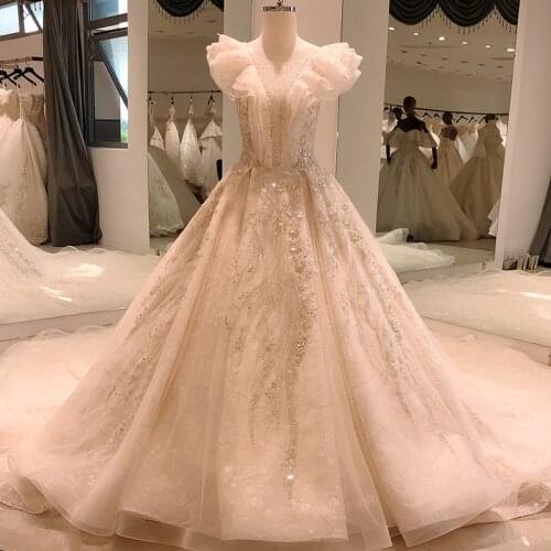 SL5604 wedding dress 2020 with ruffles sleeves sexy royal luxury vintage lace beaded sequin pretty casamento célébrité bridal