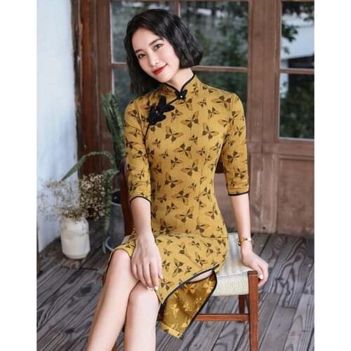 Chinese Vintage Cheongsam Dress for Women Traditional Elegant Wedding Party Qipao Autumn Fashion Butterfly Print Casual Vestidos