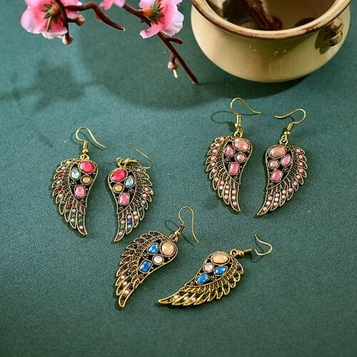 Vintage Bohemian Boho Ethnic Gold Color Wings Indian Earrings Hanging Crystal Beads Dangle Earrings Women Jewelry Accessories