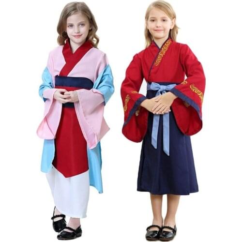 VOGUEON Chinese Traditional Hanfu for Girls Princess FaMulan Dress Up Clothes Children Performance Halloween Party Costume 2-12T
