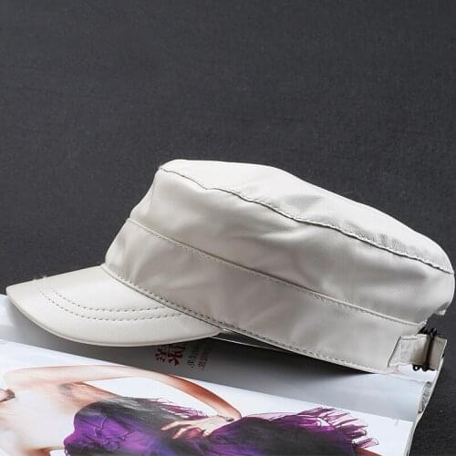 White Leather Womens Flat Top Cap Casual Outdoor Single Layer Thin Sheepskin Hat