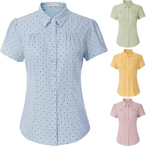 Women Vintage Shirt Short Puff Sleeves Curved Hem Sunflower Pattern Tops And Blouse Summer Clothing Casual 2020 New OL Workwear