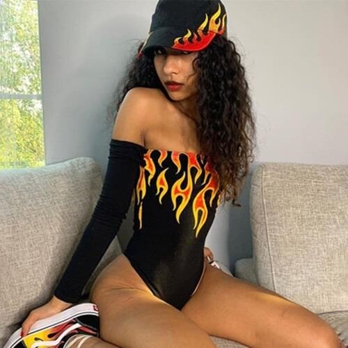 Black Bodysuit Women Long Sleeve 2021 High Street Cryptographic Fire Print Pattern Off Shoulder Bodycon Jumpsuit Overall S120