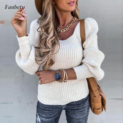 Elegant Women Casual Long Sleeve Winter Pullover Tops Jumper 2021 Autumn Winter Square Collar Backless Lady Sweater Streetwear