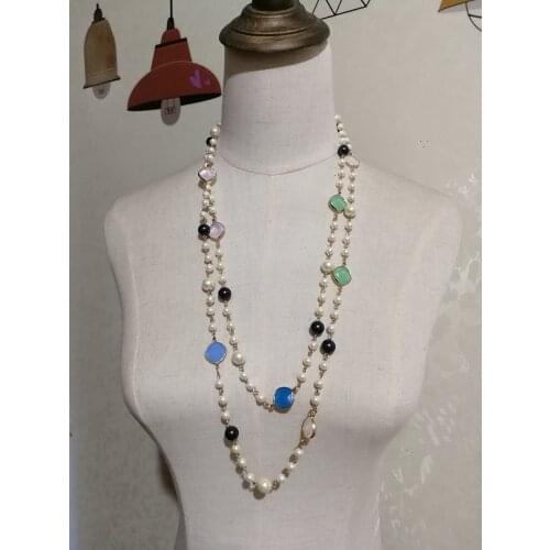 Women Layer pendant long sweater crystal pearl necklace Party Necklace
