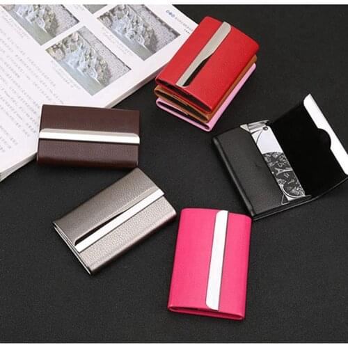 1 Piece Pu Leather and Stainless Steel New Fashion Business Card Holder Portable ID Card Case For Women Metal Credit Card Holder
