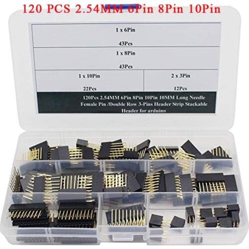 120Pcs 2.54MM 6Pin 8Pin 10Pin 10MM Long Needle Female Pin Double Row 3-Pins Stackable Shield Header Assortment Kit PCB Connector