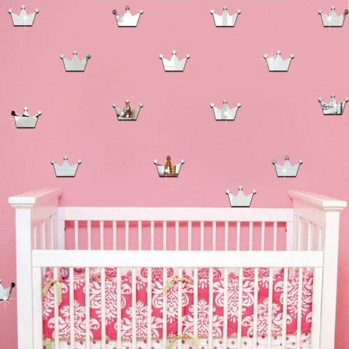 18pcs/lot Kids Room 3D Acrylic Mirror Wall Stickers Girls Princess Crown Shape Sticker for Baby Bedroom Wall Decor Art Decals